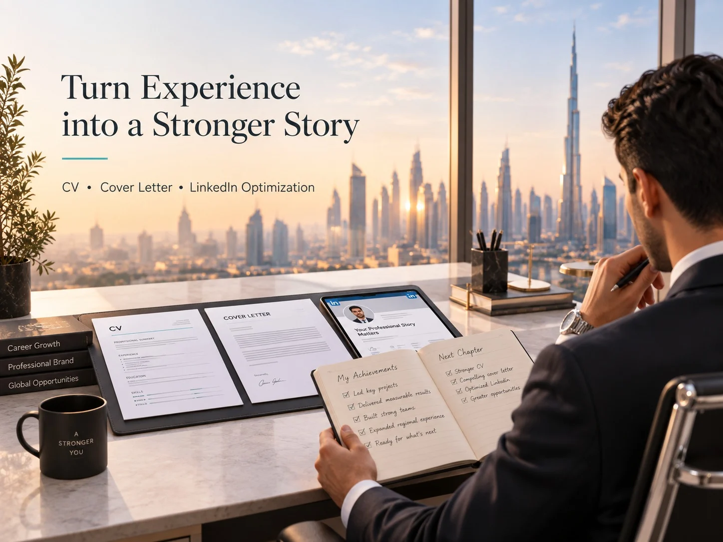 Professional reviewing a CV and career notes at an elegant workspace